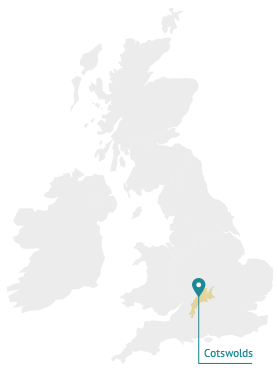 Map of the UK indicating the Cotswolds